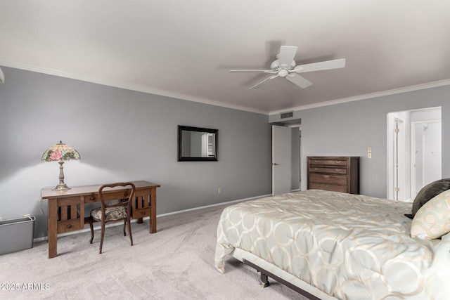 bedroom with ceiling fan, visible vents, ornamental molding, and light colored carpet