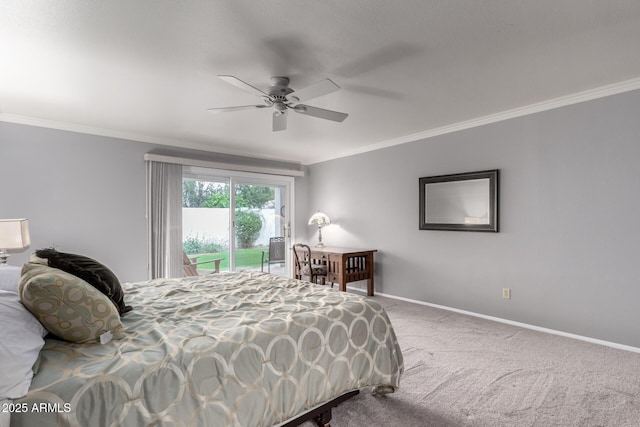 bedroom with access to outside, ornamental molding, carpet floors, and baseboards