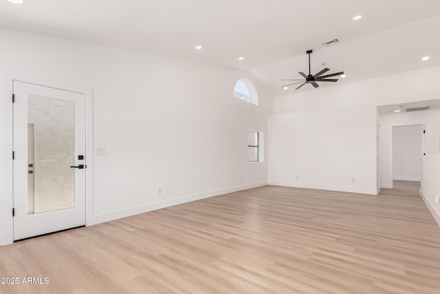 5736 E Singletree St, Apache Junction, AZ 85119 - unfurnished living room with a ceiling fan, light wood-style floors, recessed lighting, and high vaulted ceiling
