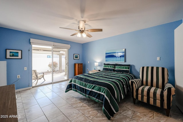 bedroom featuring access to outside and ceiling fan