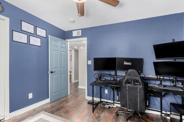 office featuring dark hardwood / wood-style floors and ceiling fan