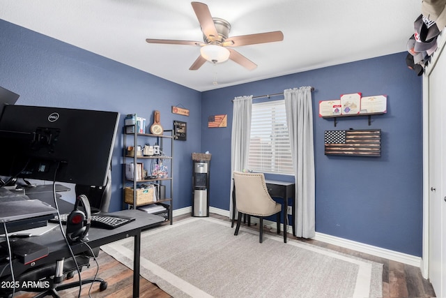 home office featuring ceiling fan and hardwood / wood-style floors