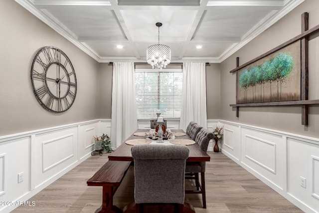 1179 E Regent Dr, Gilbert, AZ 85298 - dining space featuring a decorative wall, a chandelier, light wood-style floors, wainscoting, and beamed ceiling