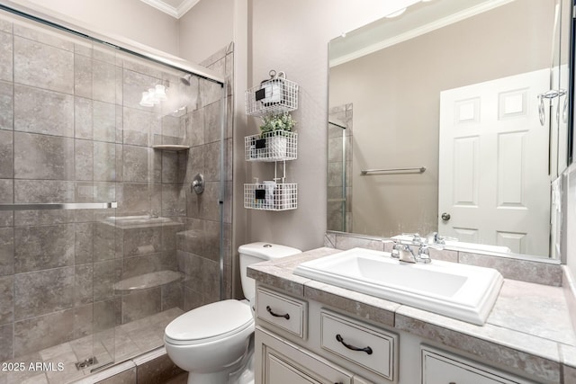 1179 E Regent Dr, Gilbert, AZ 85298 - full bathroom with ornamental molding, toilet, a shower stall, and vanity