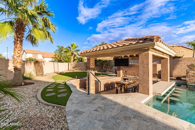 1179 E Regent Dr, Gilbert, AZ 85298 - view of patio with a fireplace, a fenced backyard, and a gazebo