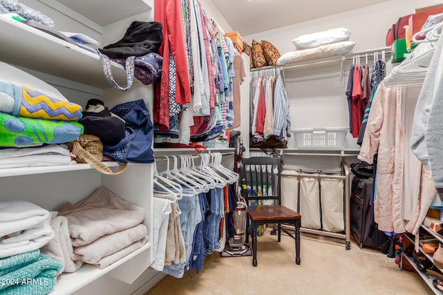 walk in closet featuring light carpet