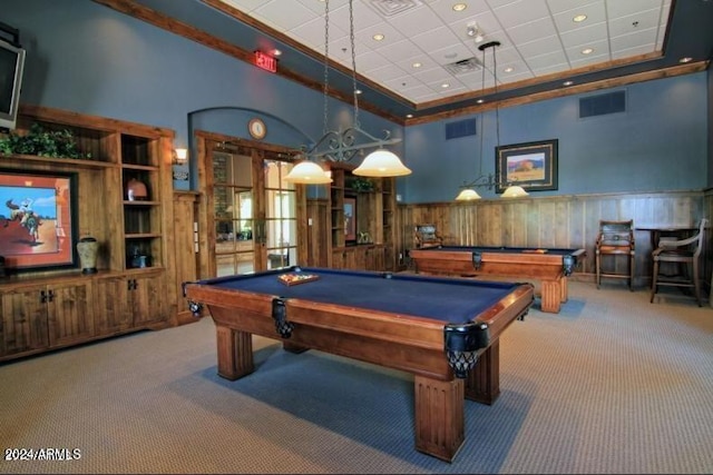 recreation room featuring a high ceiling, pool table, and carpet flooring