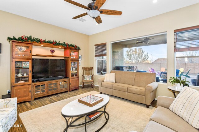 living room with hardwood / wood-style floors and a healthy amount of sunlight