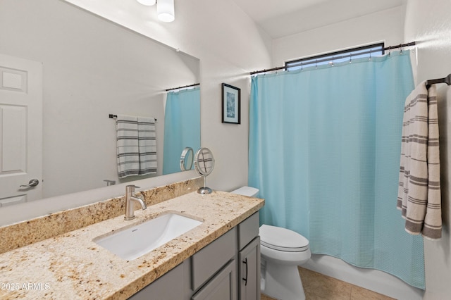 full bathroom with shower / bath combination with curtain, tile patterned flooring, vanity, and toilet