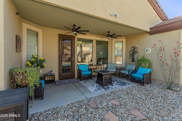 view of patio featuring ceiling fan and an outdoor hangout area