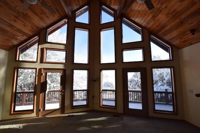 interior space with high vaulted ceiling, wooden ceiling, and a ceiling fan