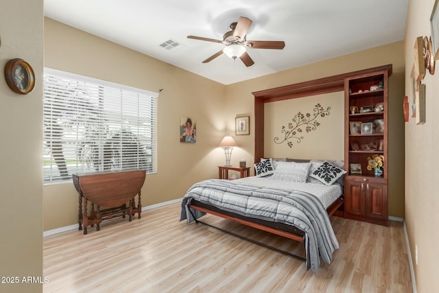 bedroom with ceiling fan and light wood-type flooring