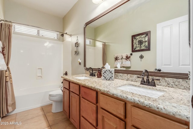 full bathroom featuring tile patterned flooring, vanity, shower / bath combination with curtain, and toilet