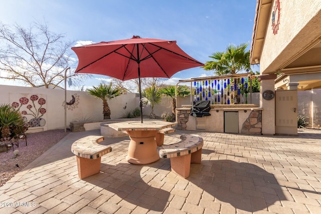 view of patio featuring a fire pit and exterior kitchen