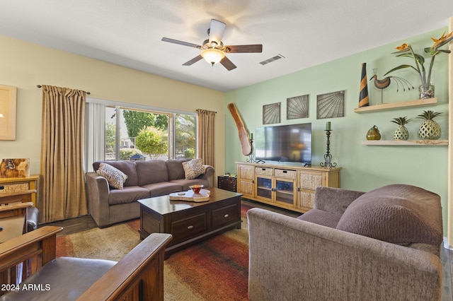 living room with ceiling fan