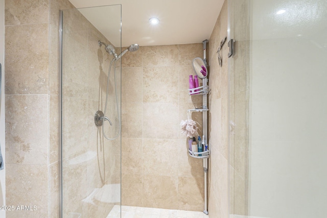 bathroom featuring a shower with shower door