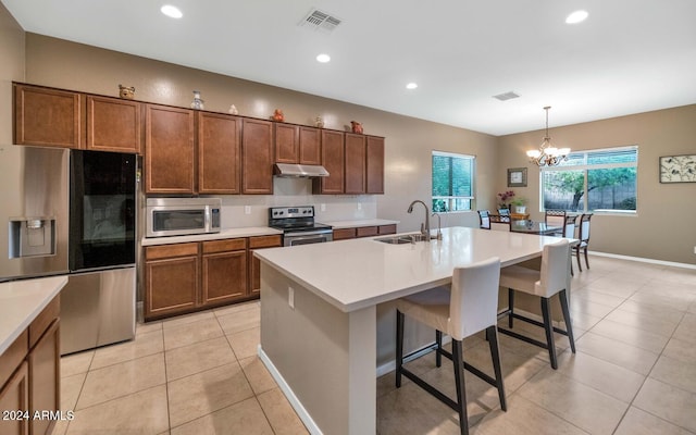 kitchen featuring pendant lighting, sink, a kitchen breakfast bar, stainless steel appliances, and an island with sink