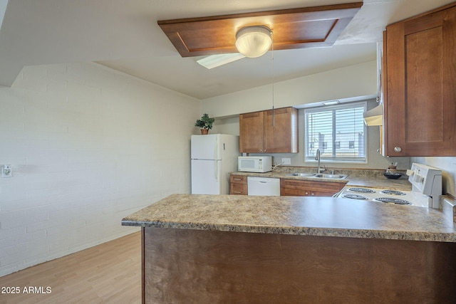 kitchen featuring sink, white appliances, and light wood-type flooring