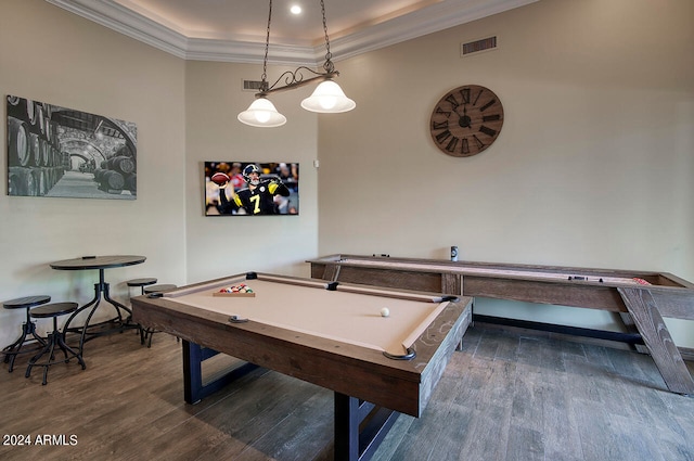 recreation room with billiards, ornamental molding, and hardwood / wood-style floors