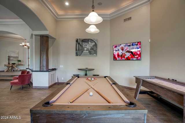 game room with dark wood-type flooring, crown molding, and billiards