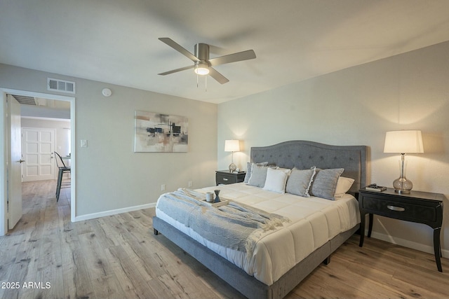 bedroom with ceiling fan, light wood finished floors, visible vents, and baseboards