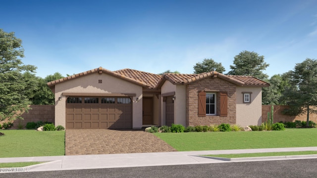 mediterranean / spanish-style home featuring a garage, a tiled roof, stone siding, decorative driveway, and a front lawn