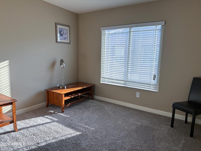 sitting room featuring carpet flooring and baseboards