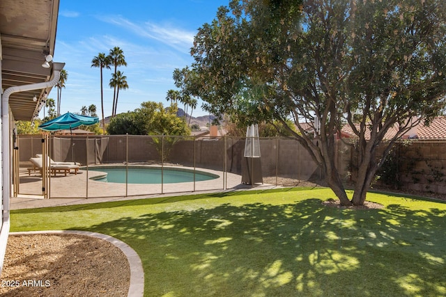 view of pool featuring a patio area, a fenced backyard, and a lawn