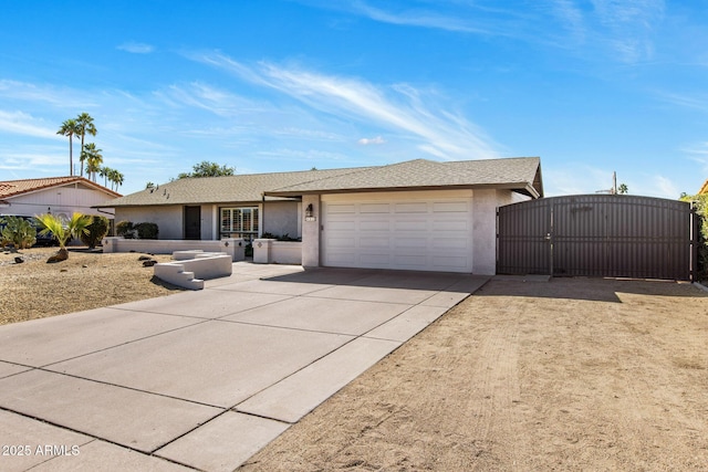 single story home featuring an attached garage, a gate, concrete driveway, and stucco siding