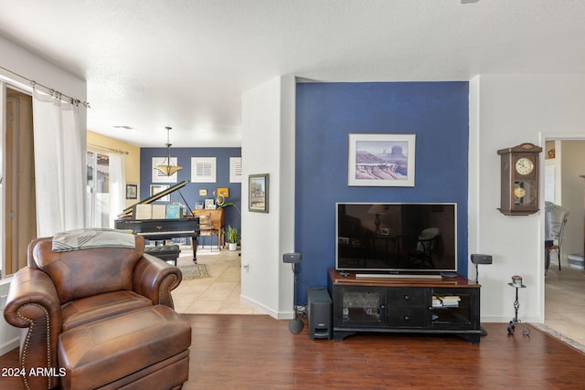 living room with a textured ceiling and hardwood / wood-style flooring