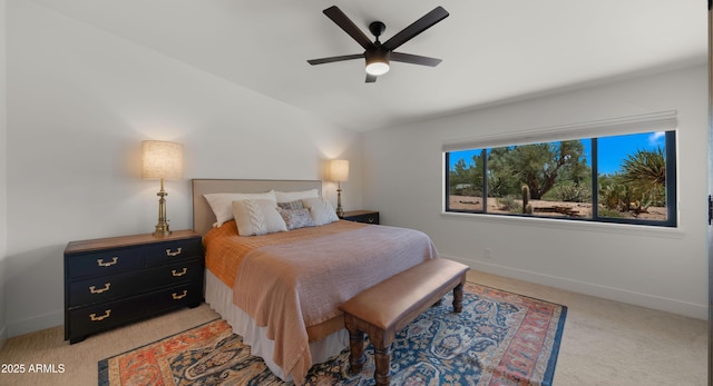 8049 E Serene St, Carefree, AZ 85377 - bedroom featuring light colored carpet, lofted ceiling, and ceiling fan