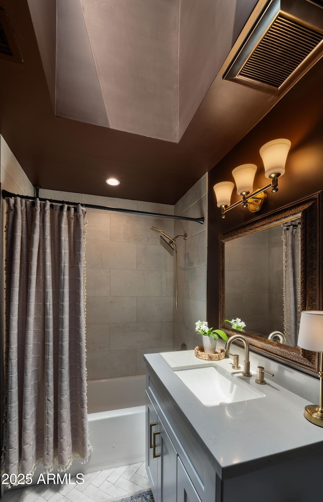 8049 E Serene St, Carefree, AZ 85377 - bathroom with vanity, shower / bathtub combination with curtain, and recessed lighting