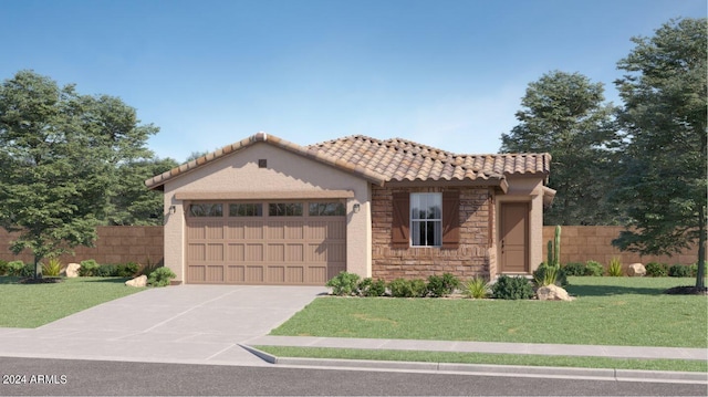 mediterranean / spanish home with a garage, stone siding, concrete driveway, and fence