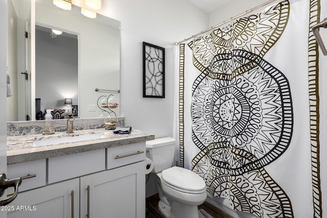 full bathroom featuring toilet, a shower with curtain, and vanity