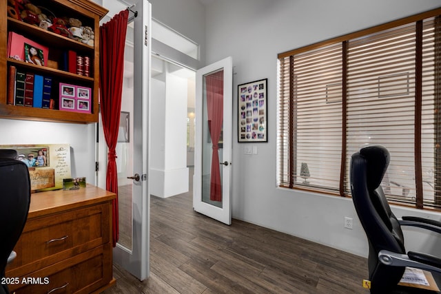 office space featuring french doors and dark wood-style flooring