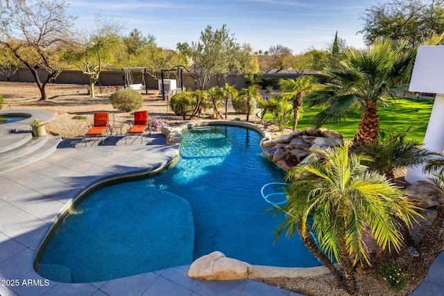 view of pool with a fenced backyard, a fenced in pool, and a patio