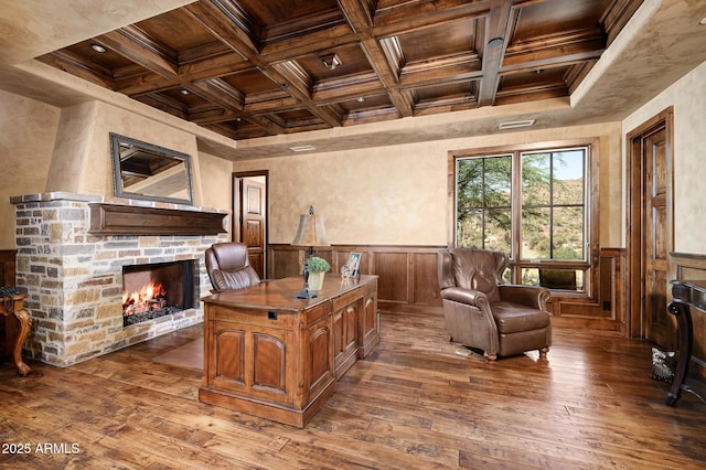 office area featuring coffered ceiling, wood ceiling, wainscoting, and dark wood-style floors