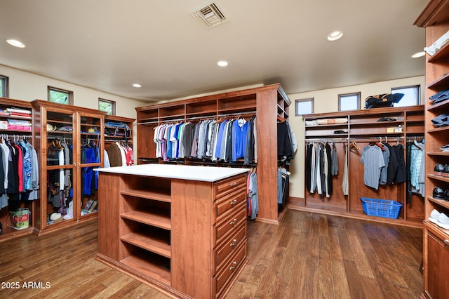 spacious closet with visible vents and dark wood finished floors