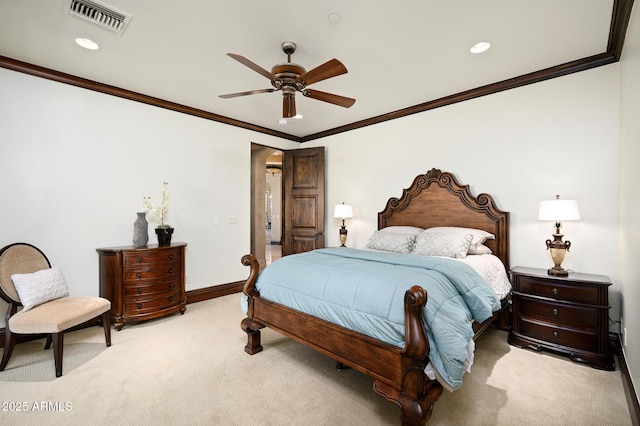 bedroom featuring carpet, crown molding, visible vents, baseboards, and recessed lighting