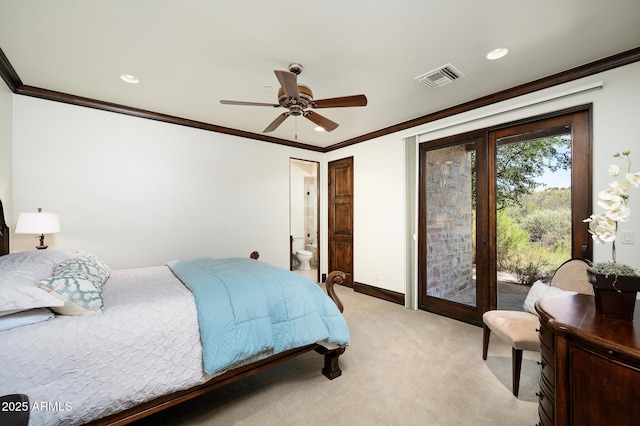 bedroom with visible vents, baseboards, light carpet, ornamental molding, and recessed lighting