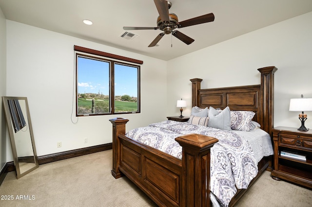 bedroom with light colored carpet, baseboards, a ceiling fan, and visible vents