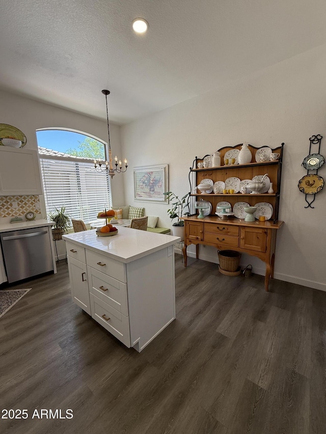 23705 S Pleasant Way, Sun Lakes, AZ 85248 - kitchen featuring light countertops, white cabinets, dark wood finished floors, and dishwasher