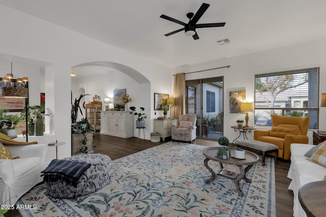 23705 S Pleasant Way, Sun Lakes, AZ 85248 - bedroom featuring access to outside, an inviting chandelier, arched walkways, wood finished floors, and visible vents