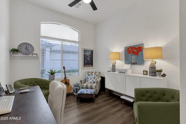 23705 S Pleasant Way, Sun Lakes, AZ 85248 - office area with ceiling fan, visible vents, and wood finished floors