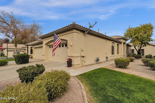 23705 S Pleasant Way, Sun Lakes, AZ 85248 - view of home's exterior featuring a garage, stucco siding, concrete driveway, a lawn, and a tiled roof