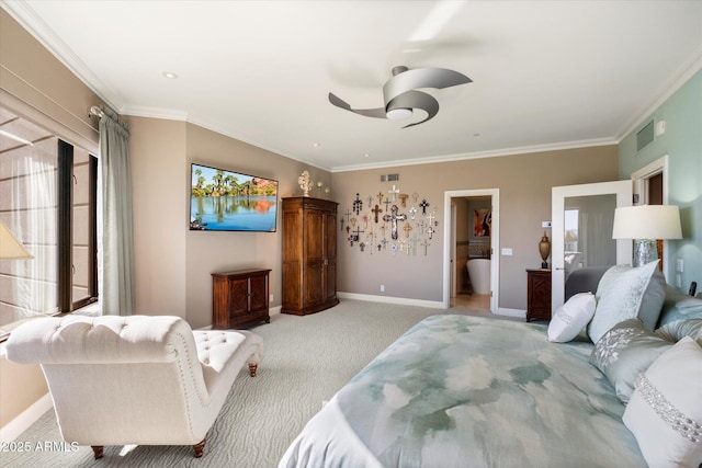 bedroom featuring visible vents, baseboards, light colored carpet, and ornamental molding