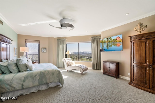 bedroom featuring light colored carpet, crown molding, baseboards, and ceiling fan