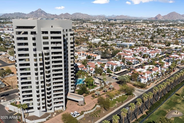 drone / aerial view featuring a mountain view