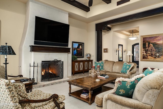 living room featuring ceiling fan