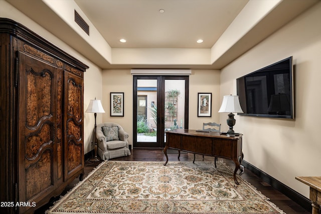 office space featuring hardwood / wood-style flooring and french doors